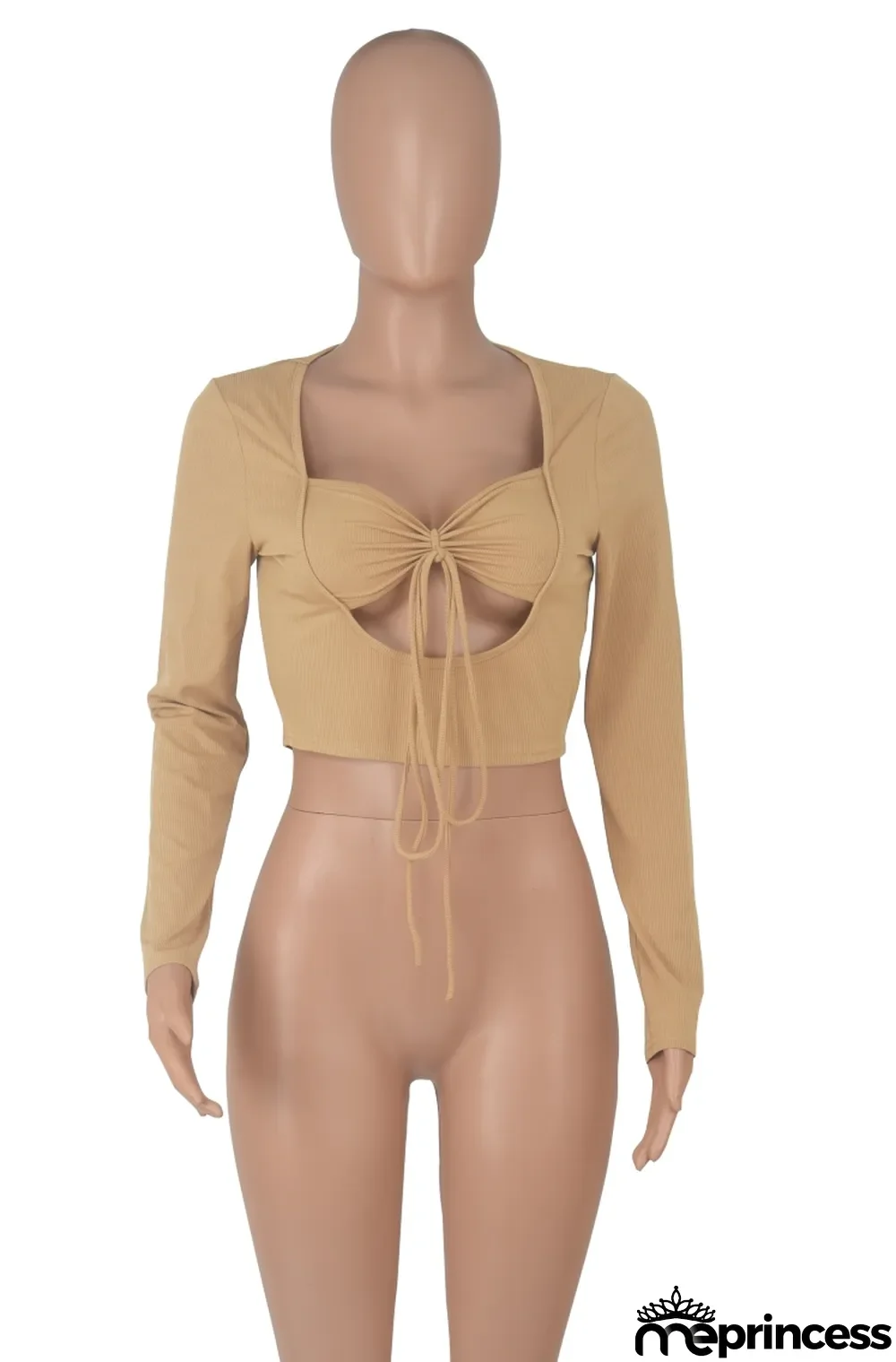 Autumn Party Cut Out Sexy Long Sleeve Crop Top Khaki