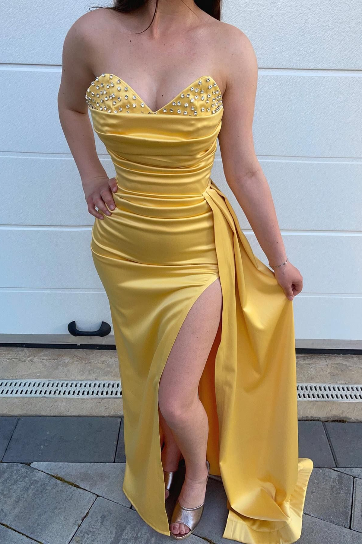 Bellasprom Yellow Mermaid Long Prom Dress With Beads Split Sweetheart Bellasprom