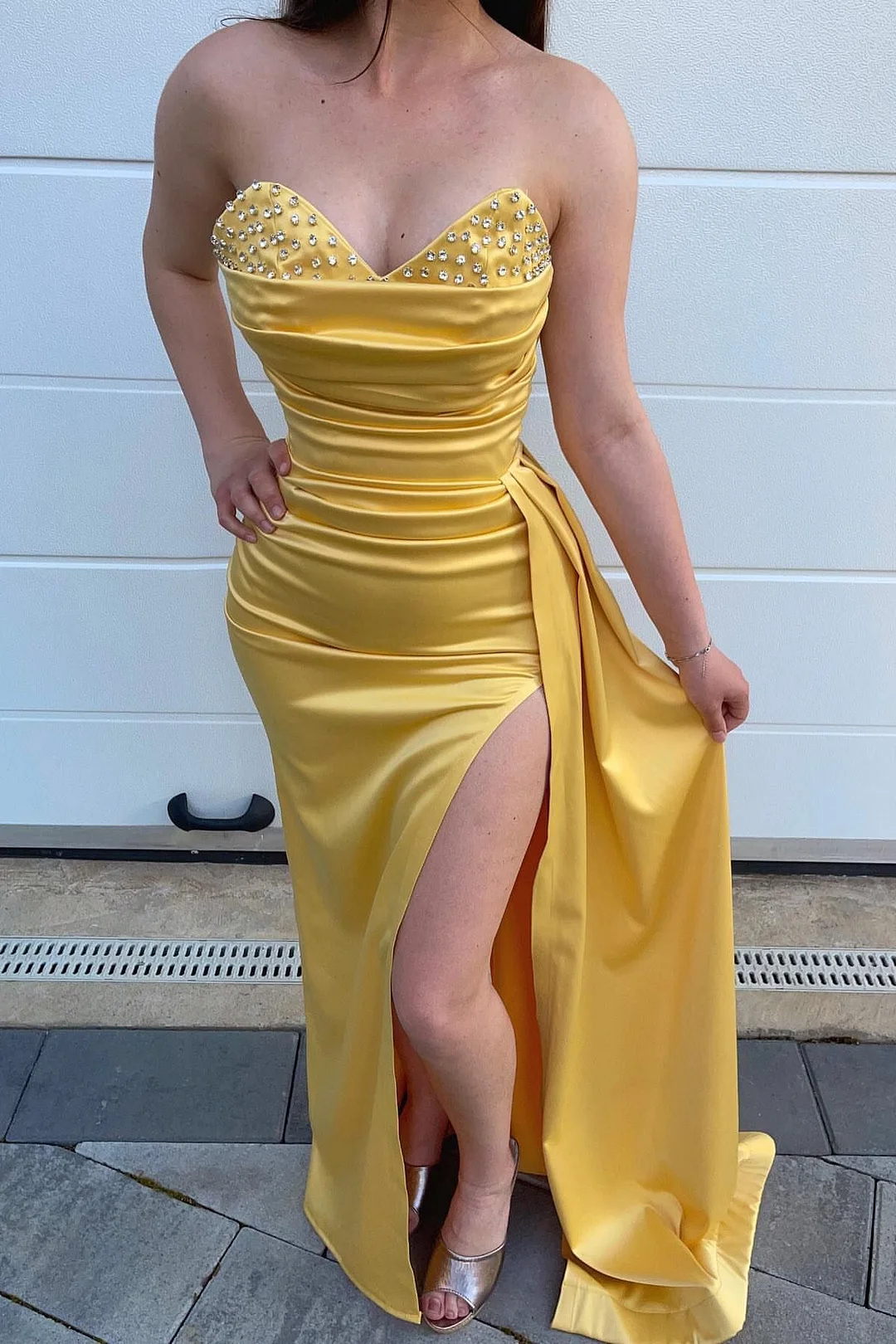 Daisda Yellow Beads Mermaid Sweetheart Evening Dress Split With Ruffles