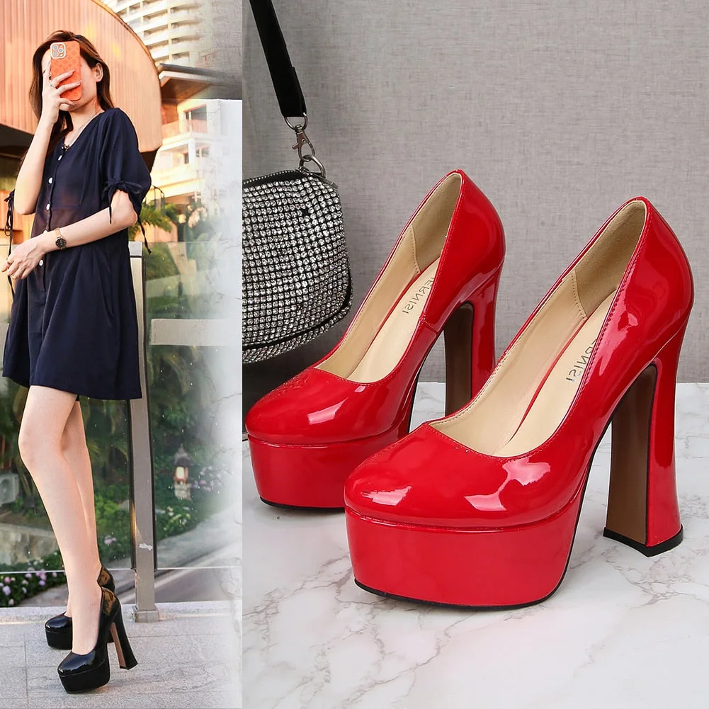 Chunky Heels Platform Pumps Patent Leather Big Size 35-46 Miss Heels Drag Queen Trans Queer Party Ball Black Women Shoes
