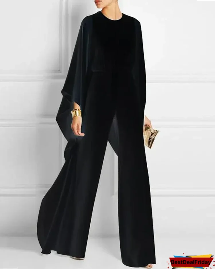 Solid Cape Sleeve Hollow Out Chiffon Wide Leg Jumpsuit P216249