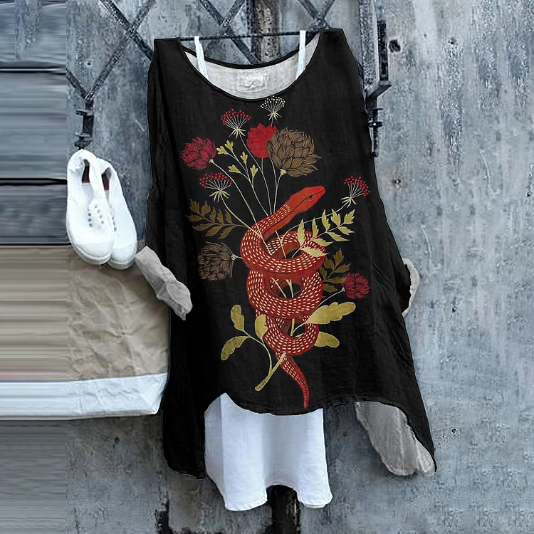 Classy Snake In Floral Art Linen Blend Tunic