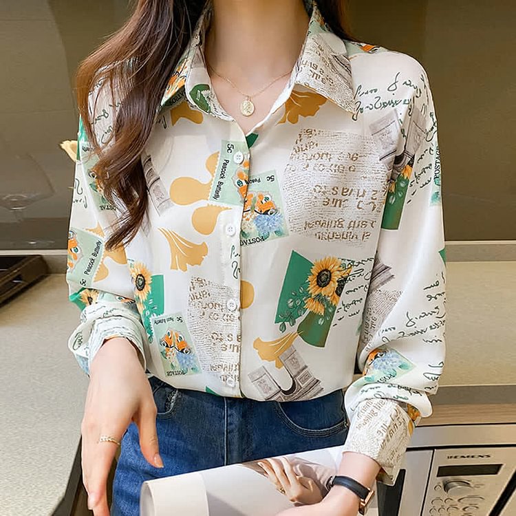 Vintage Floral Letter Print Long Sleeve Chiffon Shirt Workwear - Modakawa modakawa