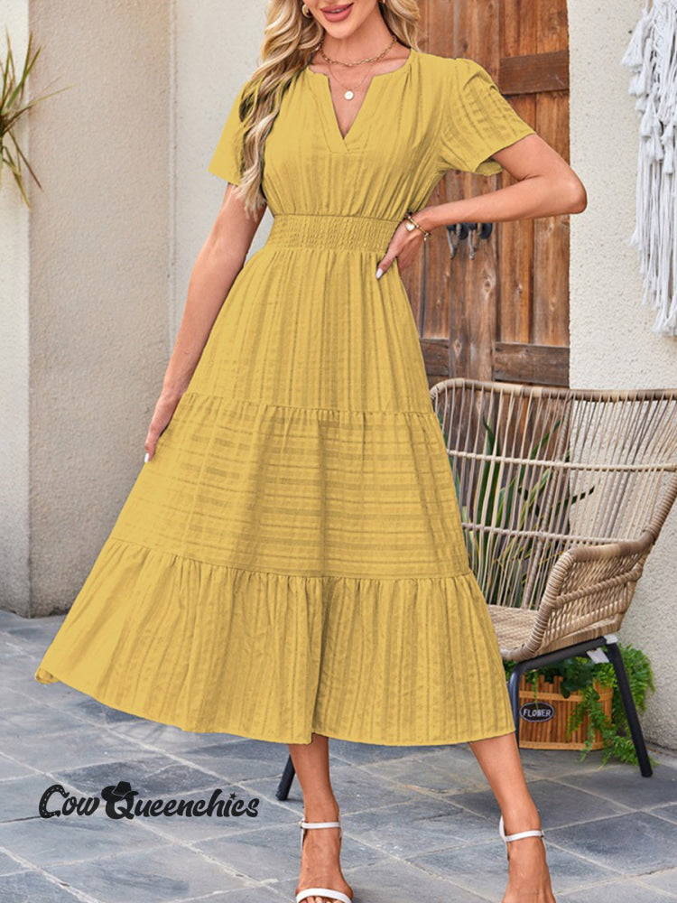 Womens Summer Casual Midi Maxi Dresses Lightweight Short Sleeve V Neck Elastic Waist Boho Beach Dress Pockets Yellow / S