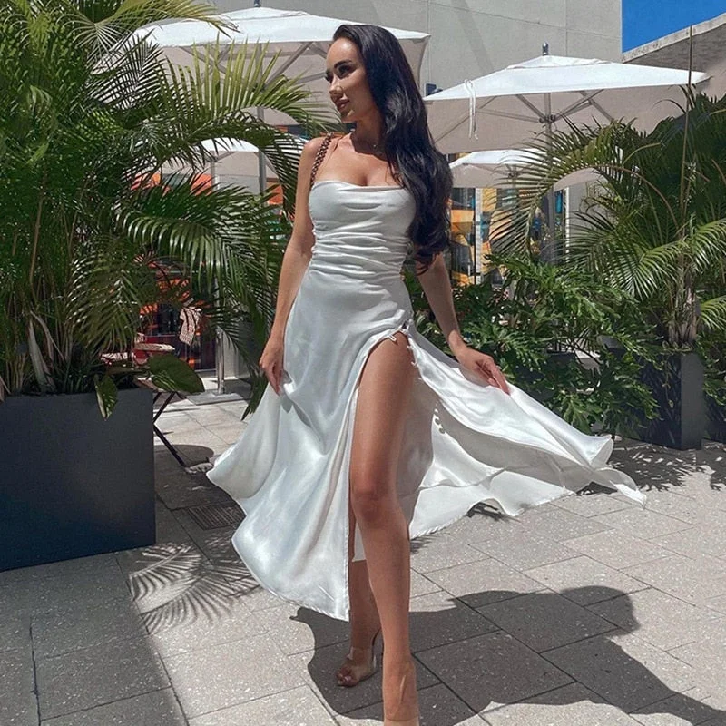 Wanna This White Midi Calf Dress For Woman V-Neck Sleeveless Cami Criss Side Split Elegant Sexy Wrap Clubwear Fashion Dress 2021