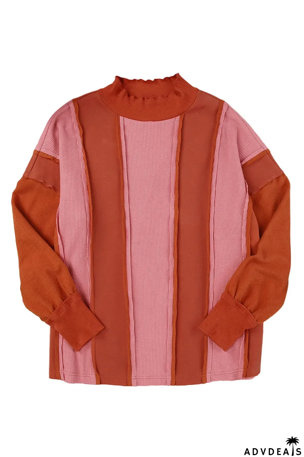 Red Waffle Knit Ripped Exposed Seam Patchwork Top with Thumbhole