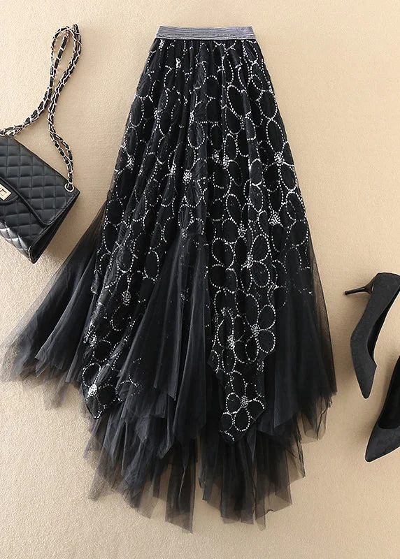 Stylish Black Sequins Asymmetrical Design Tulle Skirts Spring