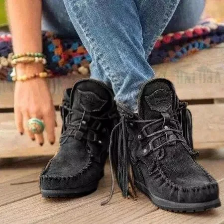 Comfortable thick-soled fringed lace-up women's boots