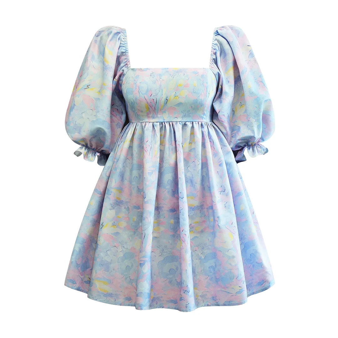 Brownm Printed Square Collar Lantern Short High Waist Sleeve Women's Backless Puffy Dress