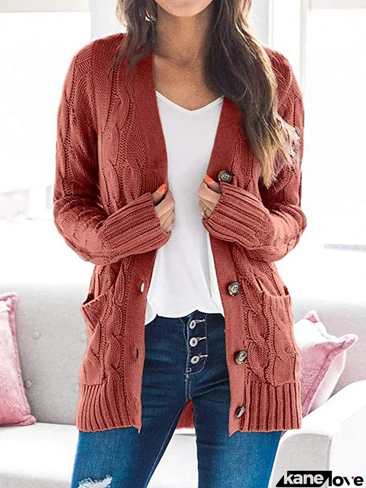 Cable-Knit Buttoned Cardigan with Pockets