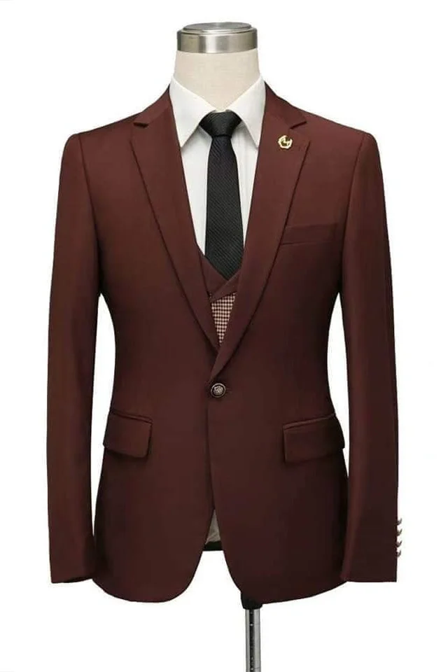 Fashionable Burgundy Notched Lapel Fitted Wedding Suit For Men's Party