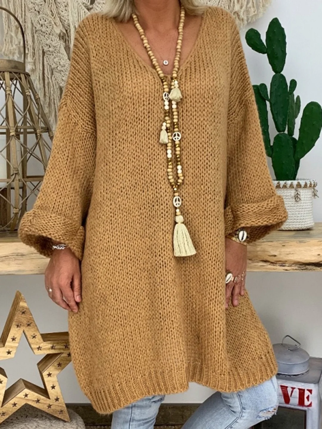 Women Drop Shoulder V-Neck Knitted Sweater Dresses