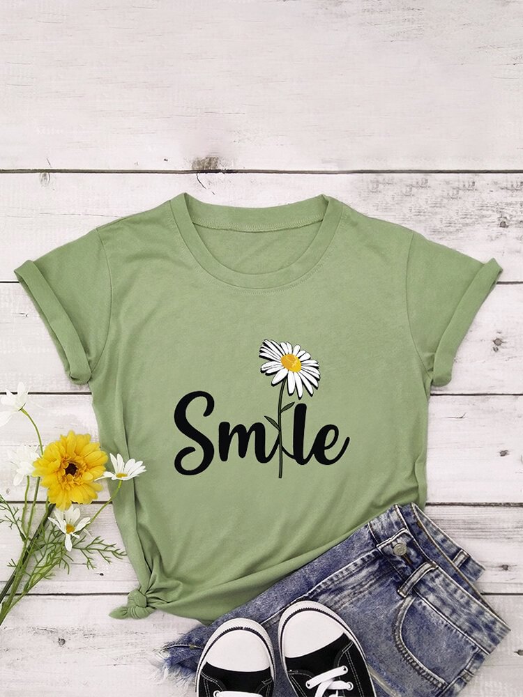 Letters Floral Printed O neck Short Sleeve T shirt P1720045