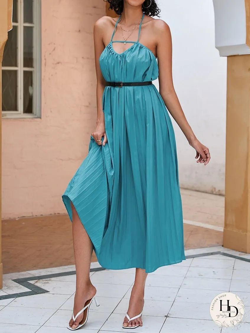 Dresses Solid Hanging Neck Pleated Maxi Dress for Women