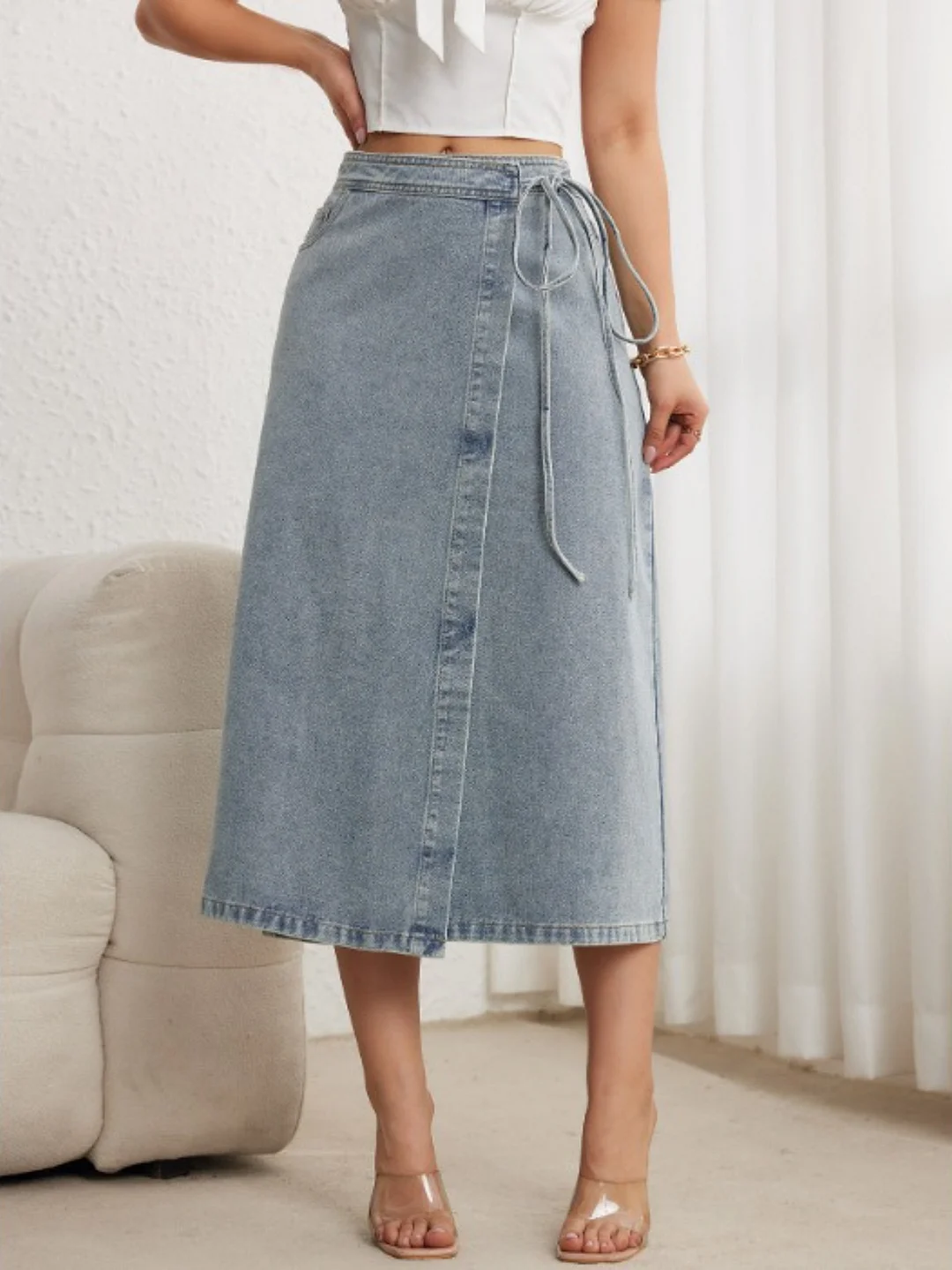 Women's Elegant Tie Waist Midi Skirt - Non-See-Through Denim Skirt With Tie Closure, Machine Washable Classic Blue Jeans For Women, Office, Party, Everyday Outfits - Retro Vintage Style, Party Attire, Nonseethrough Fabric | IFYHOME