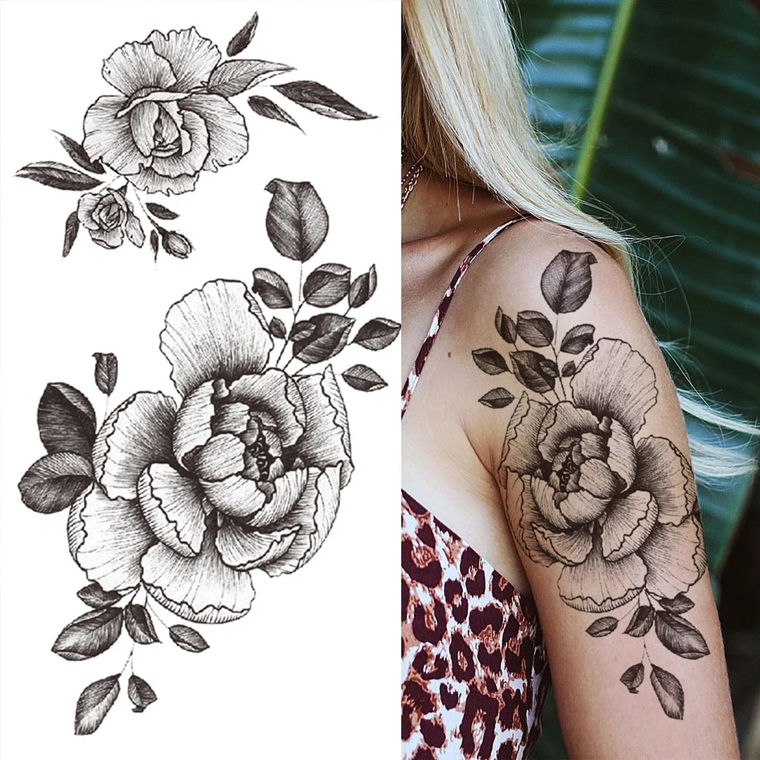 Realistic Fake Peony Temporary Tattoos For Women Girl Black Rose Elephant Flower Tattoo Sticker Tiger Anemone Tatoos Half Sleeve 530-1