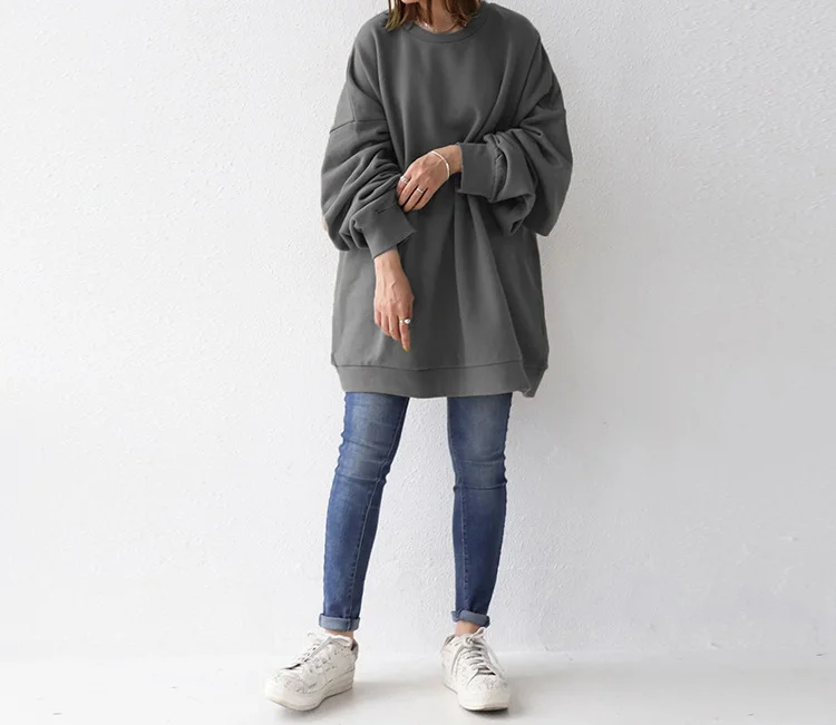 Casual Solid Color Round-Neck Long Sweatshirt