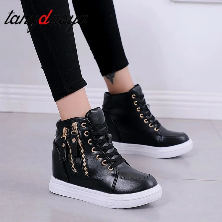 Qengg Shoes Woman High Top Spring Autumn 2022 Female Fashion Casual Shoes Zipper Hided Wedge Lady Sneakers White Shoes