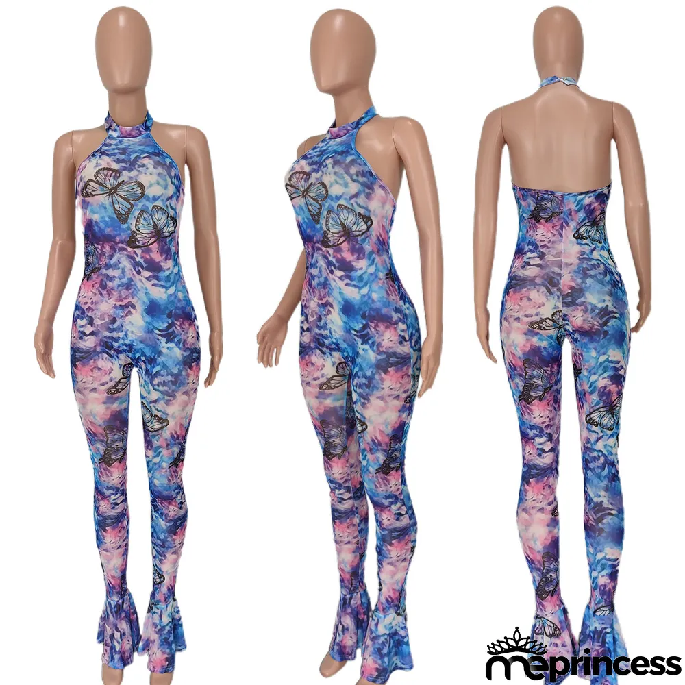 Sexy Butterfly Print Halter Jumpsuit
