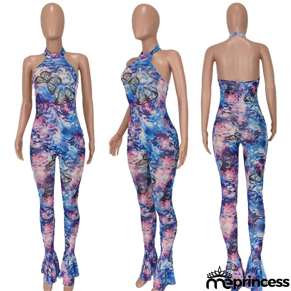 Sexy Butterfly Print Halter Jumpsuit