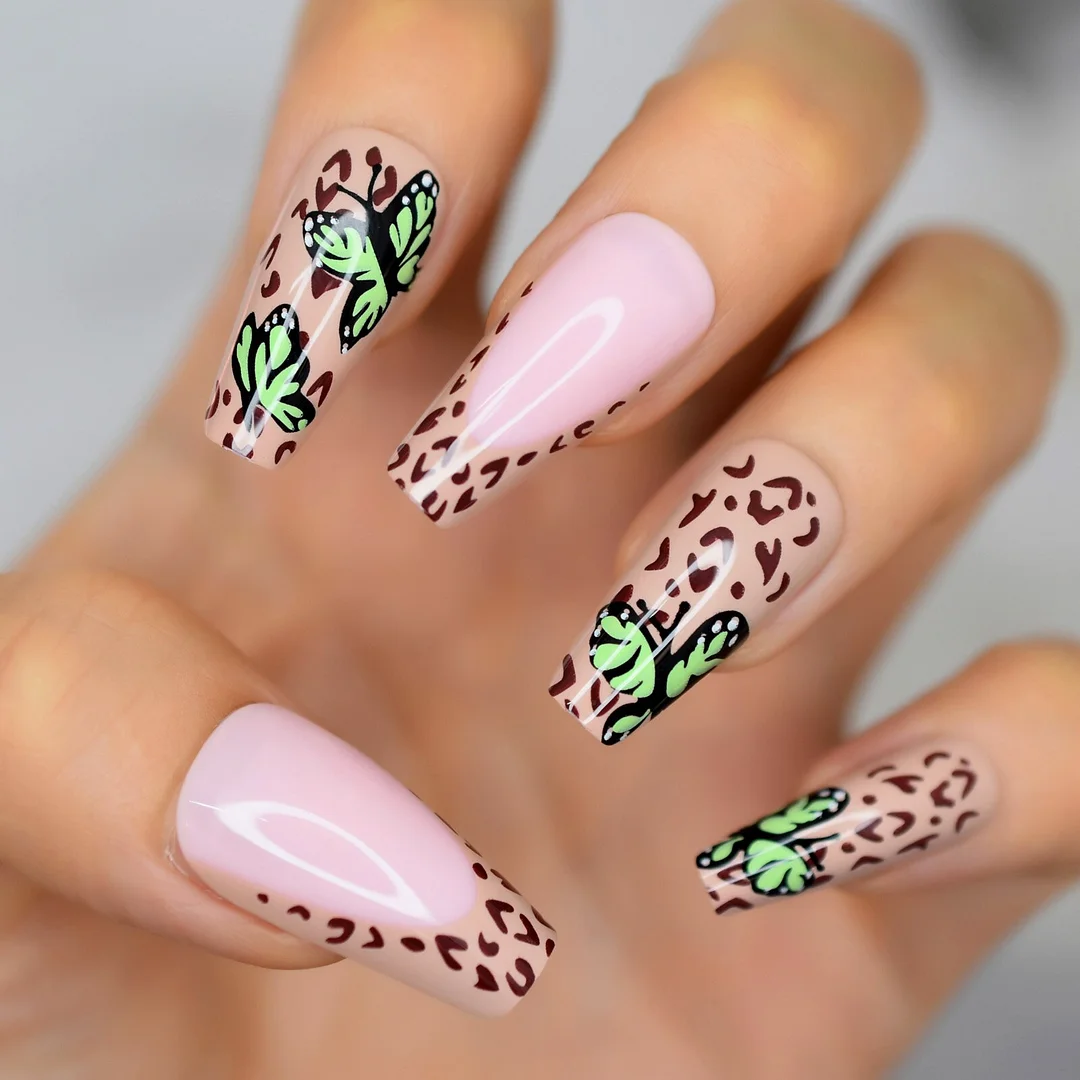 Applyw Green Butterfly French Press on False Nails Glossy Brown Leopard Pattern Pink Long Ballerina Coffin Fake Fingers Nails