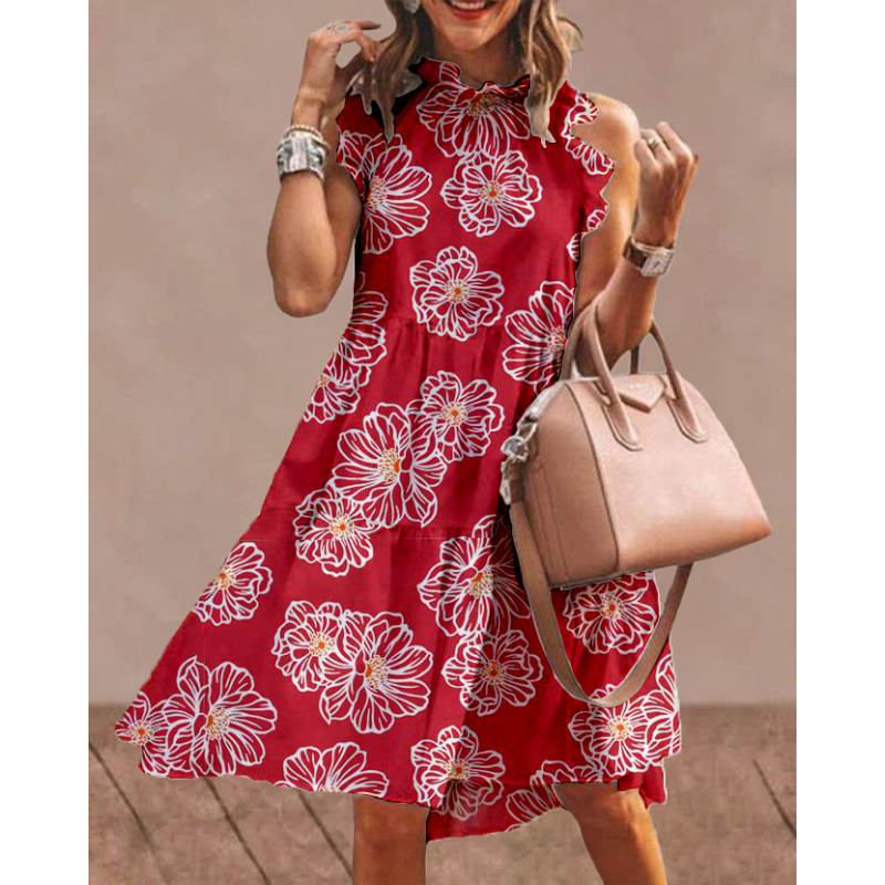 Red Floral Print Sleeveless Dress