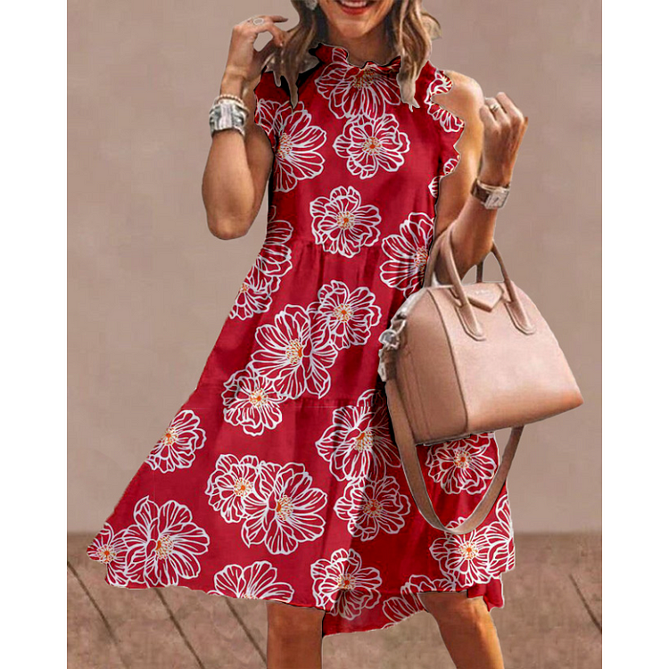 Red Floral Print Sleeveless Dress socialshop