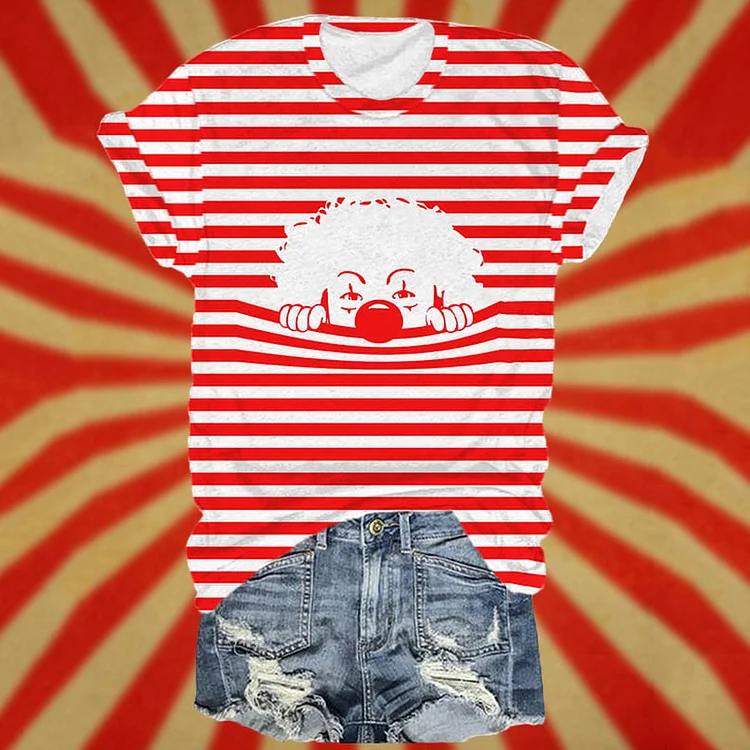 KÖLner Karneval Gestreiftes Clown-Print-Kurzarm-T-Shirt mit Rundhalsausschnitt