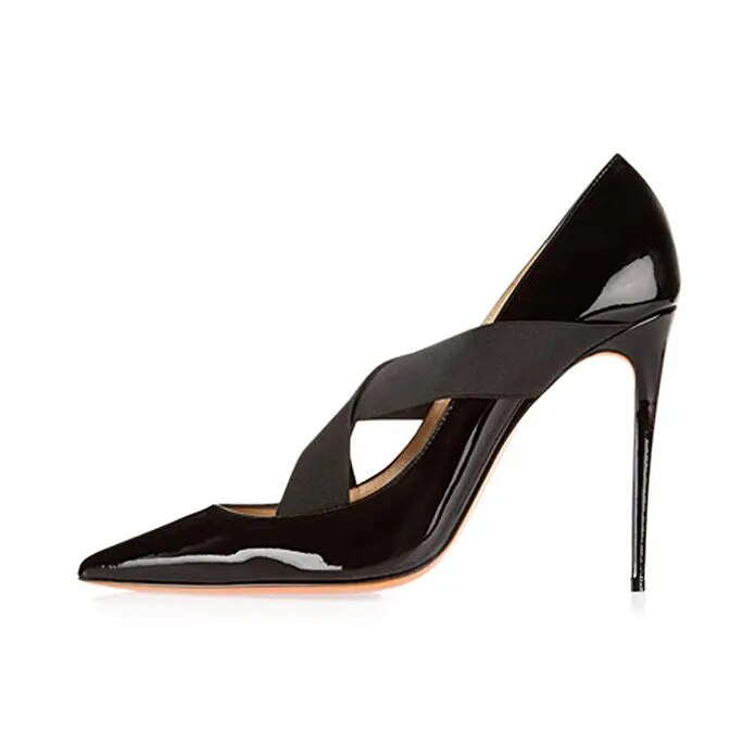 TAAFO Black Stilettos Women High Thin Heels Pointed Toe Cross Strap Pump Ladies 