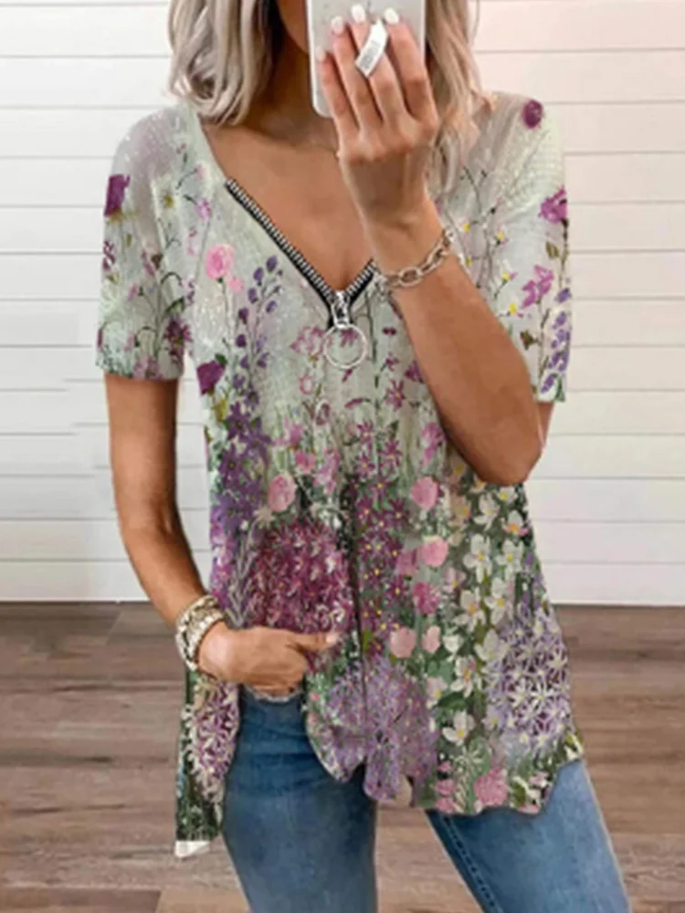 Casual Floral Print V-neck T-shirt