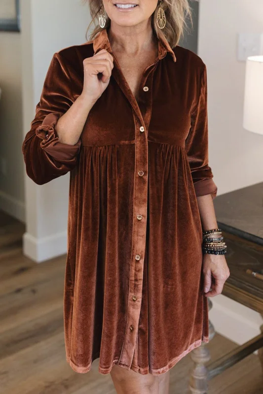 Solid Velvet Vintage Casual Long Sleeve Shirt Dress