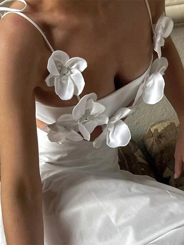 Huiketi 3D Flower Sling Vest Women White Sleeveless Backless Crop Waistcoat 2024 Spring Summer Fashion Lady All-match Streetwear