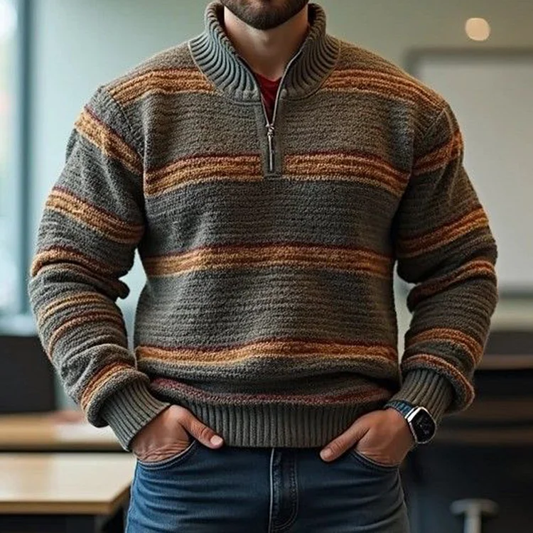 Utbros Men'S Retro Geometric Jacquard Zipper Sweater