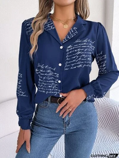 Letter Printed Button Up Long Sleeve Blouse