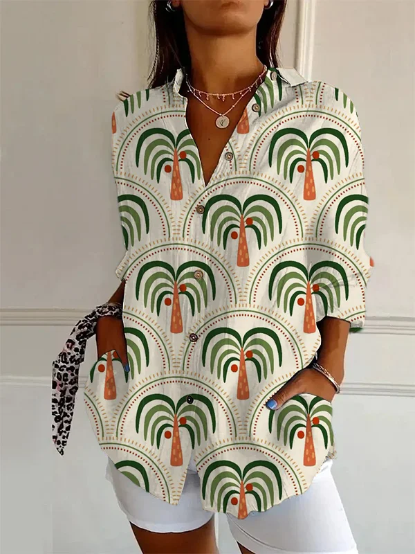 Women's Green Tropical Palm Tree Printed Long Sleeve Shirt