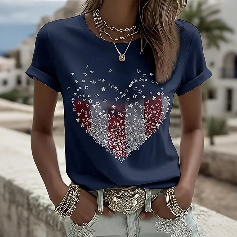 Comstylish Women's Retro Patriotic Print Round Neck T Shirt