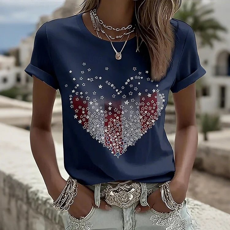 Women's Retro Patriotic Print Round Neck T Shirt