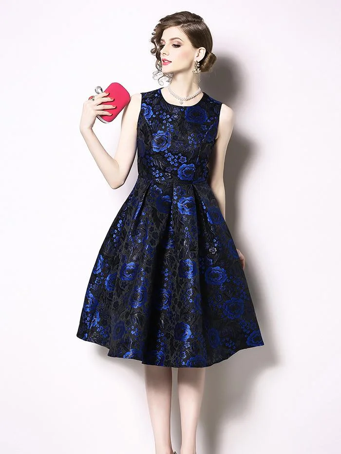 Temperament color big swing sleeveless vest jacquard dress