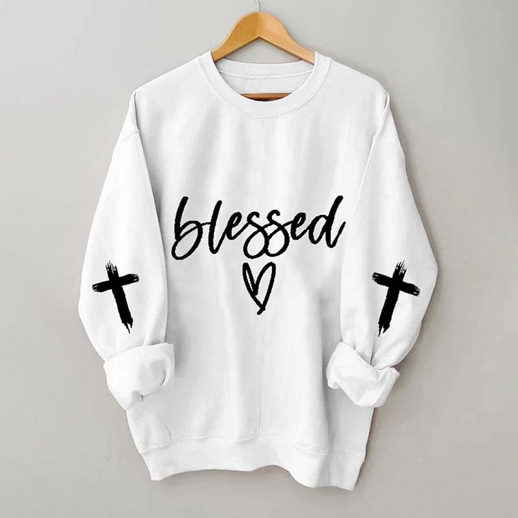 Comstylish Blessed Heart Cross Print Casual Sweatshirt