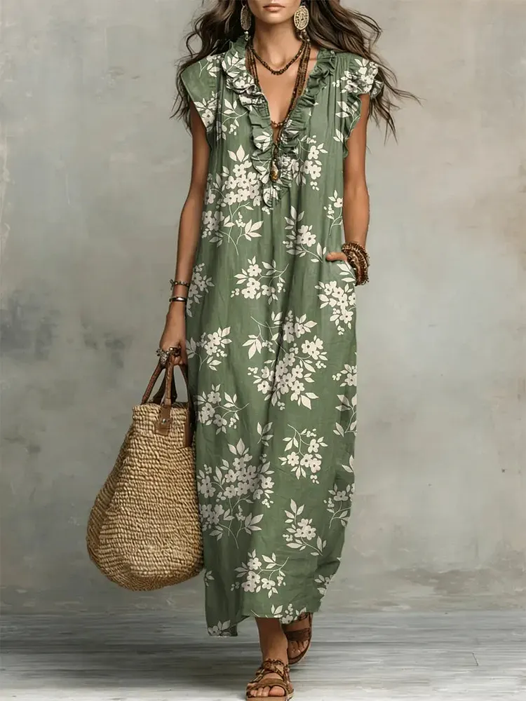 Women's Retro Floral Pattern Art Print Casual Ruffled Stylish Cotton Linen Dress