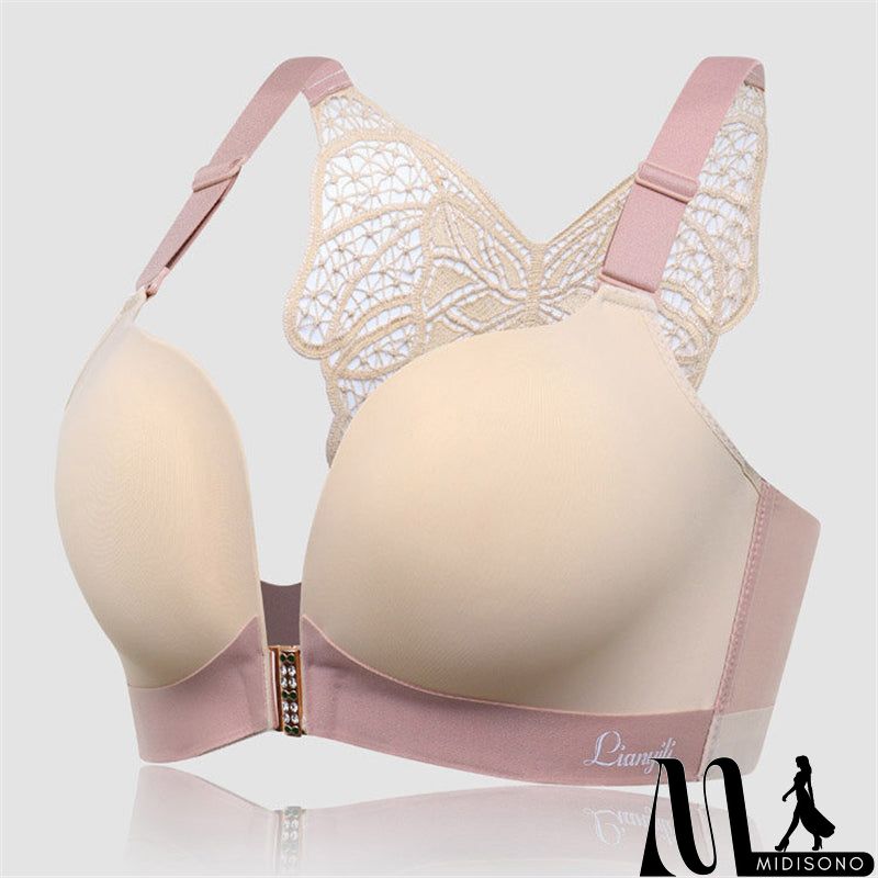 MidiSono - Women's Back Butterfly Embroidered Front Closure Soft Bras - Nude