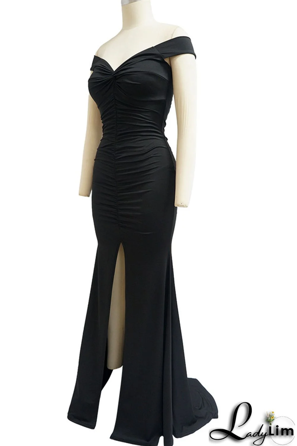 Burgundy Elegant Solid Patchwork Slit Fold V Neck Evening Dress Dresses