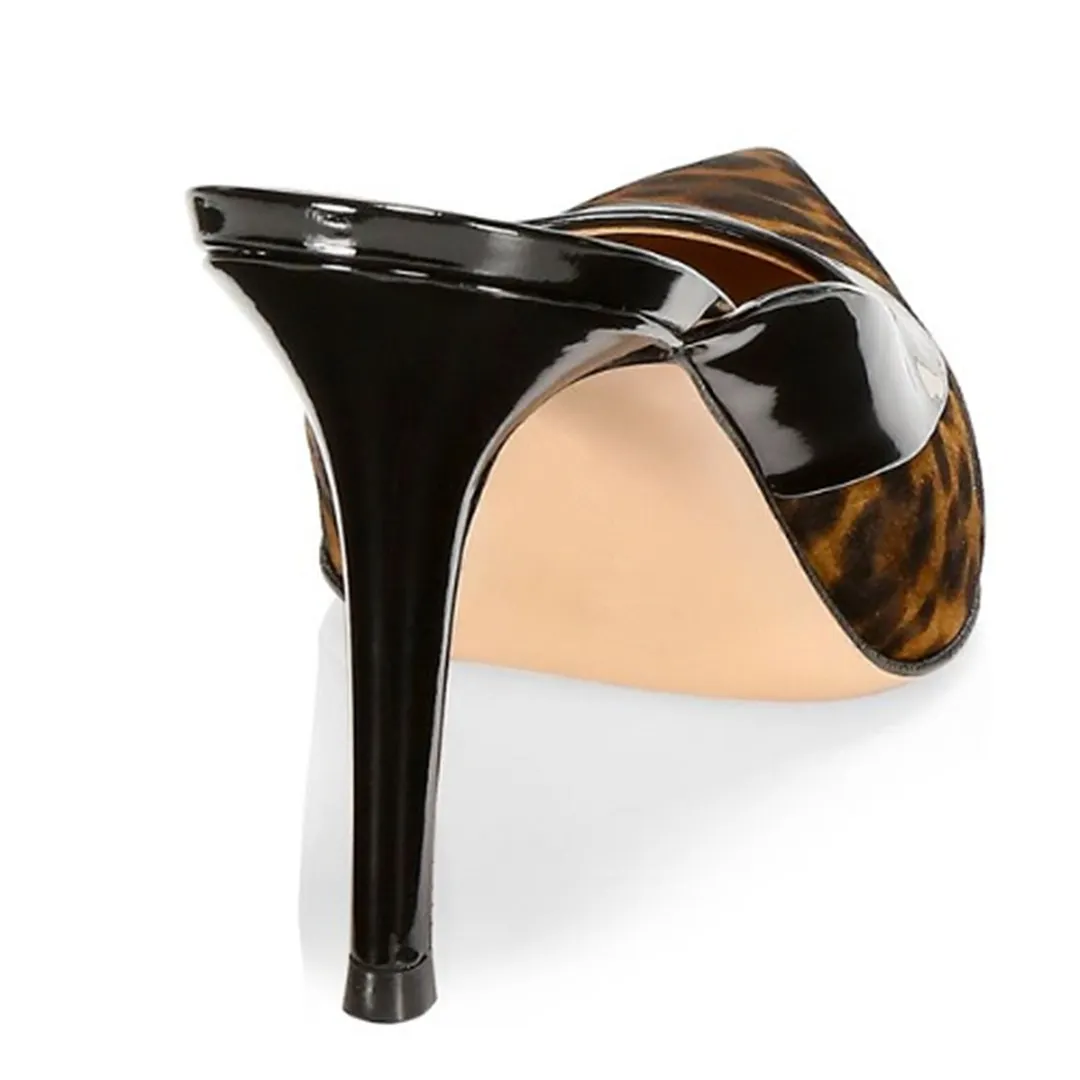 YDN Leopard Print Patchwork Pointed Toe Stiletto Heeled Mules