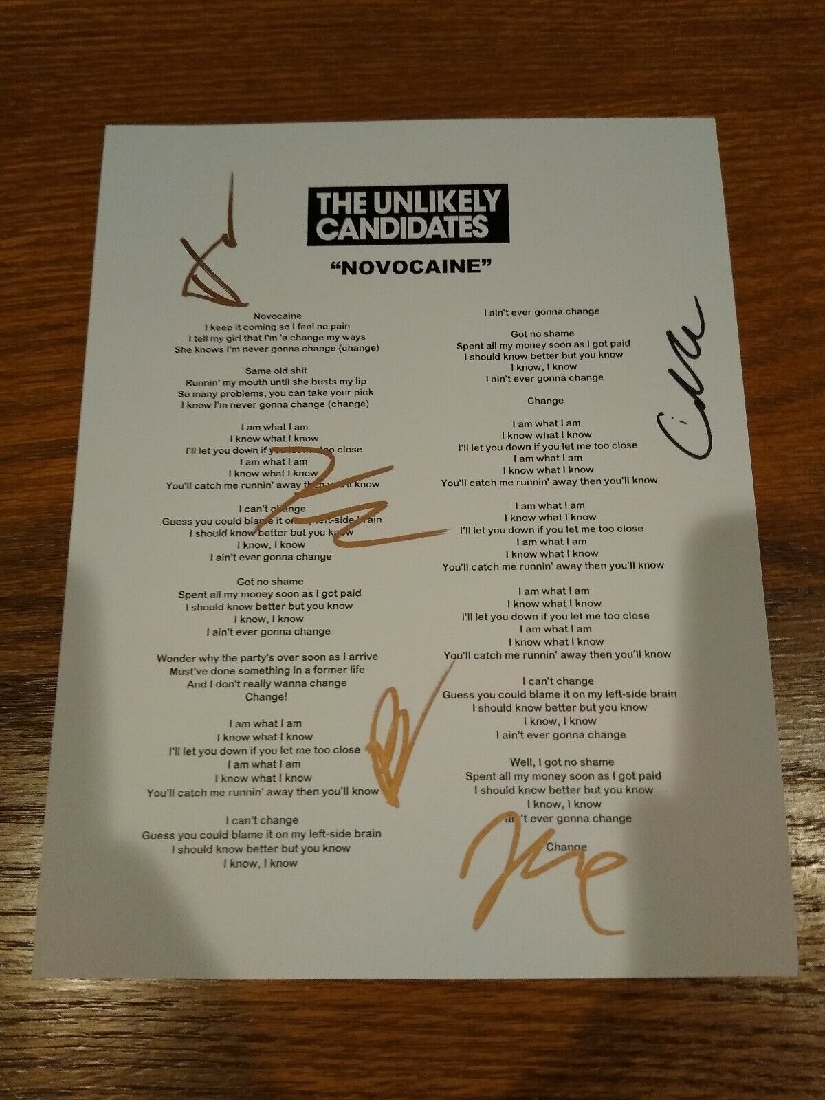 THE UNLIKELY CANDIDATES SIGNED LYRIC SHEET NOVOCAINE autograph COA