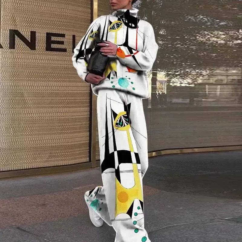 Casual Two Piece Outfits Graffiti Printing Sweatshirt Suits Women Streetwear Turtleneck Top + Wide Leg Pants Tracksuit 2 PC Sets