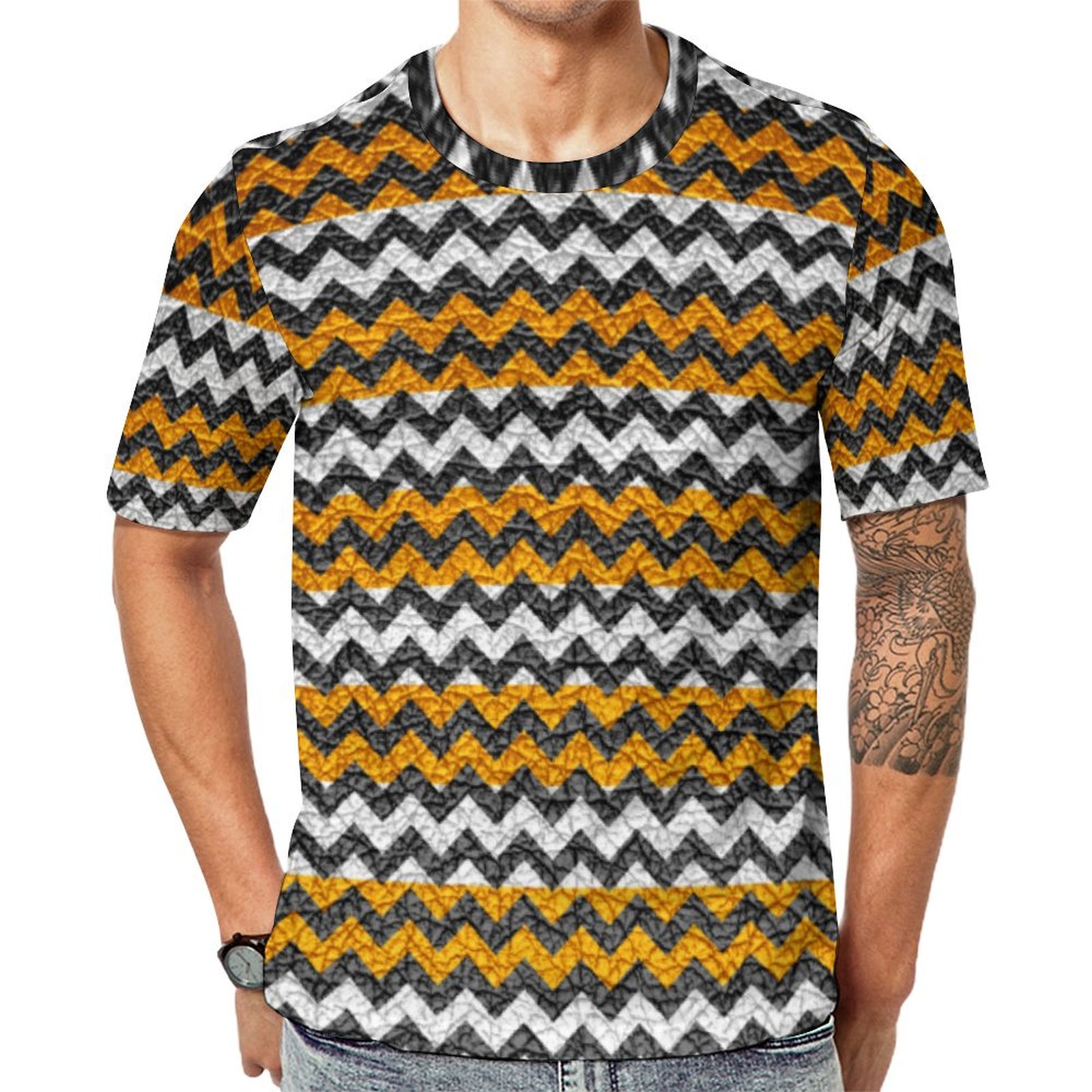 Orange Black White Chevron Modern Leather Short Sleeve Print Unisex Tshirt Summer Casual Tees for Men and Women Coolcoshirts