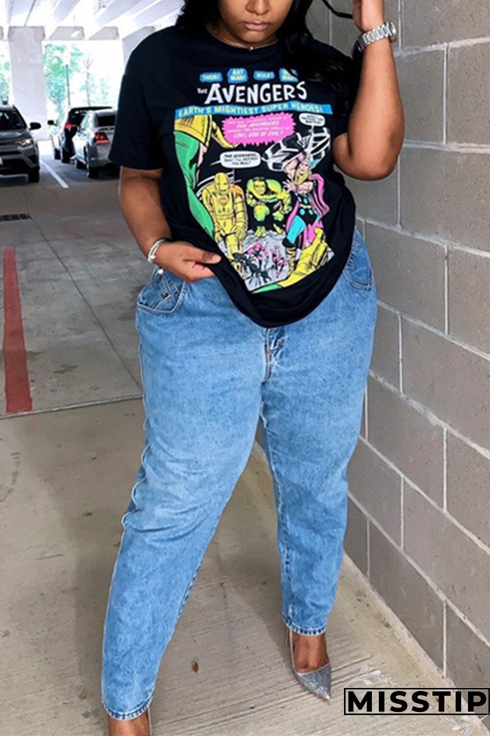 Letter Fashion Casual Printed Black Plus Size T-shirt