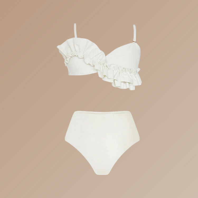 Ruffled Detail White High Waist Bikini Swimsuit and Sarong Flaxmaker 