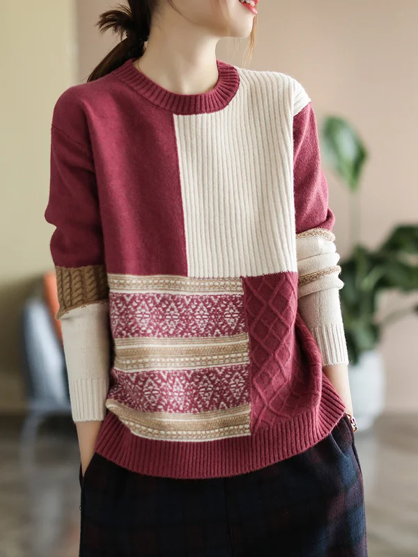 Vintage Loose Patchwork Casual Sweater - yankia
