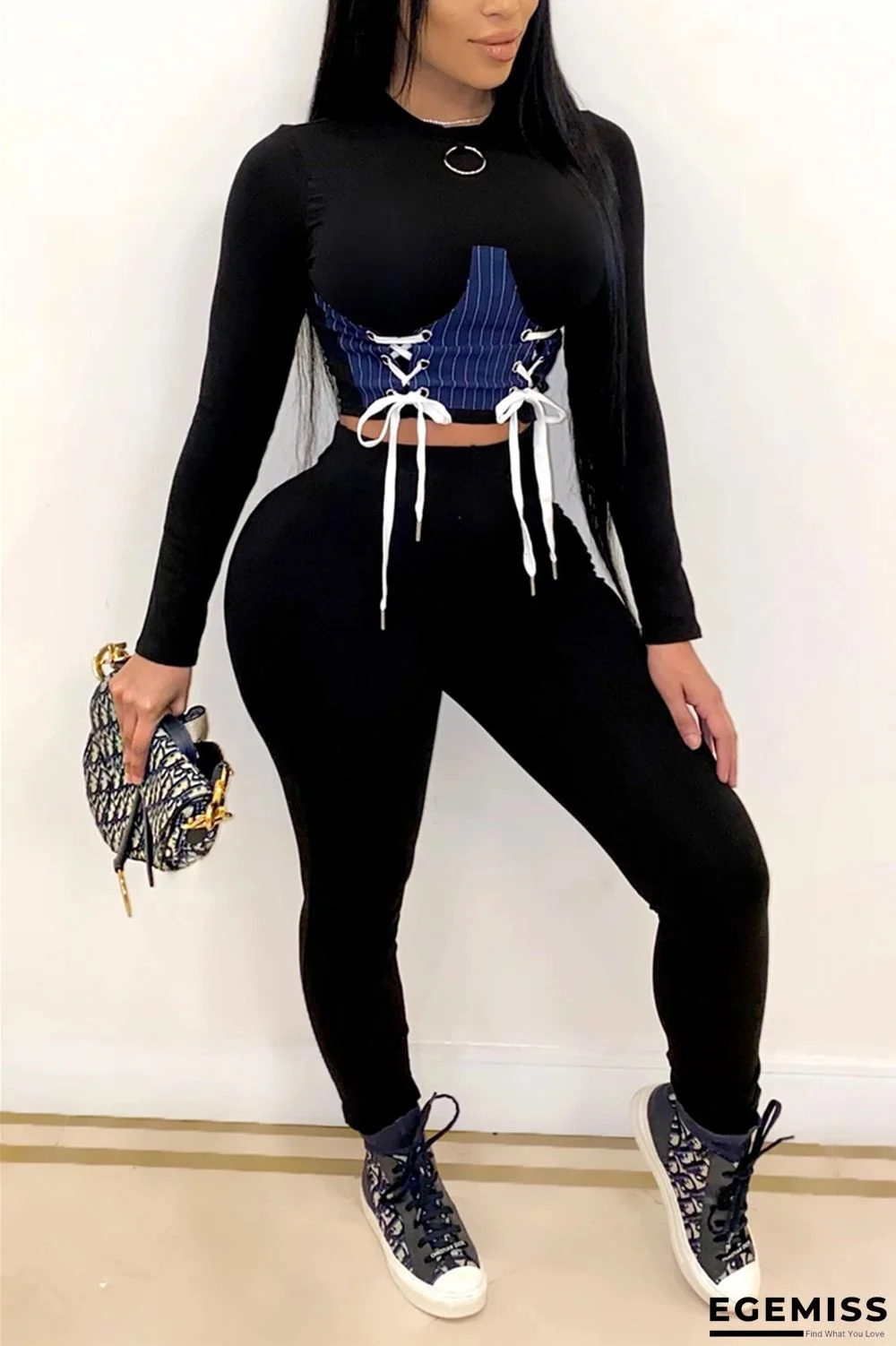 Black Fashion Casual Patchwork Patchwork Strap Design O Neck Long Sleeve Two Pieces | EGEMISS